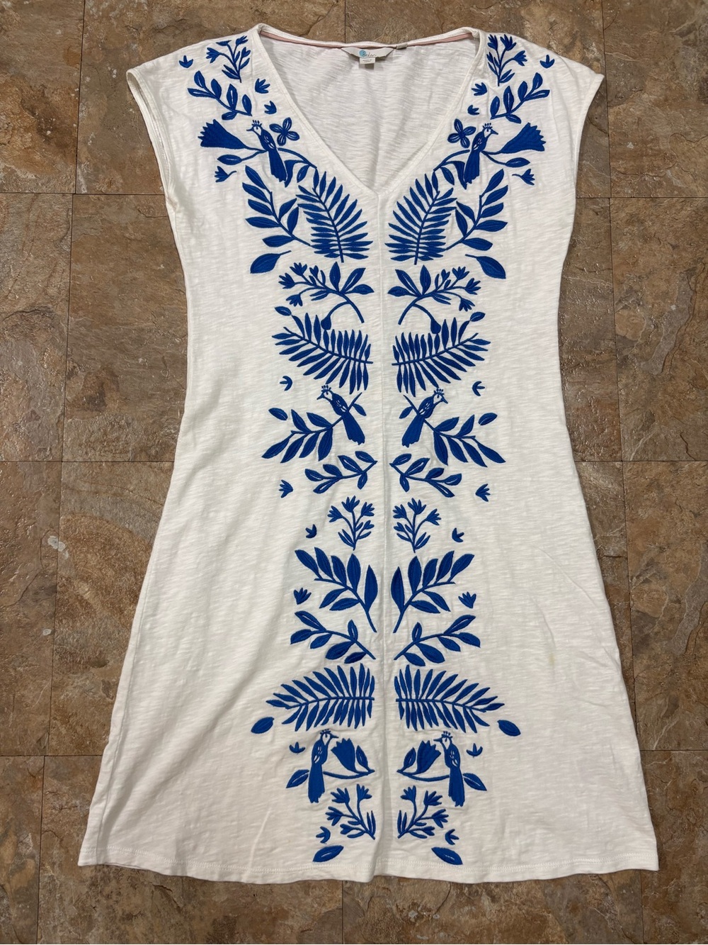 Boden White Swim Cover-Up Dress with Blue Botanical Embroidery